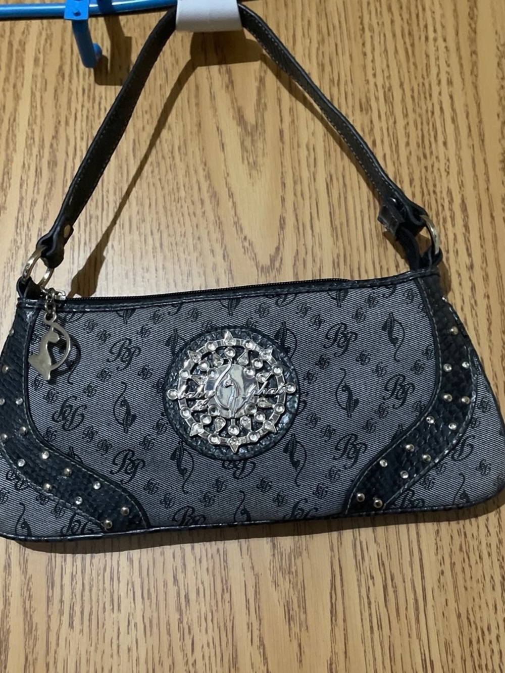 Baby Phat Gray Logo Wristlet with Rhinestone Medallion